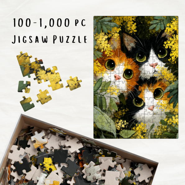 Cute Orange, Black & White Kittens in Flowers Jigsaw Puzzle