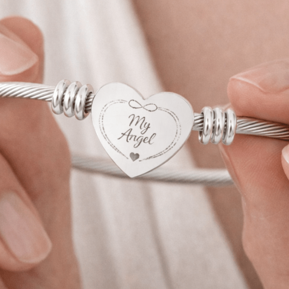 Engraved My Angel - Heart Cuff Bracelet | Women's Steel Cable Bracelet