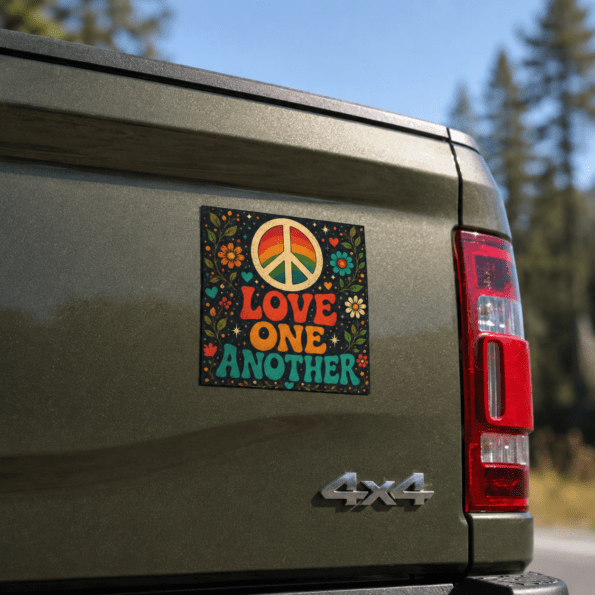 Love One Another Peace Sign Car Magnet — Retro Floral Hippie Vehicle Decal