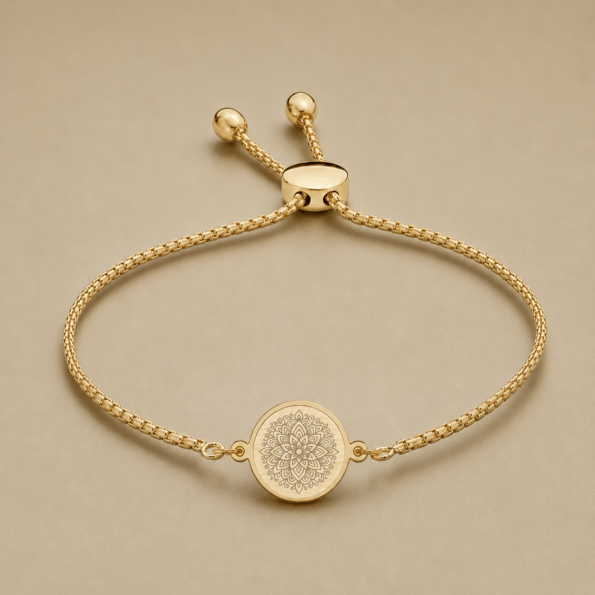 Mandala Charm Adjustable Bracelet – Engraved Stainless Steel Bracelet for Women