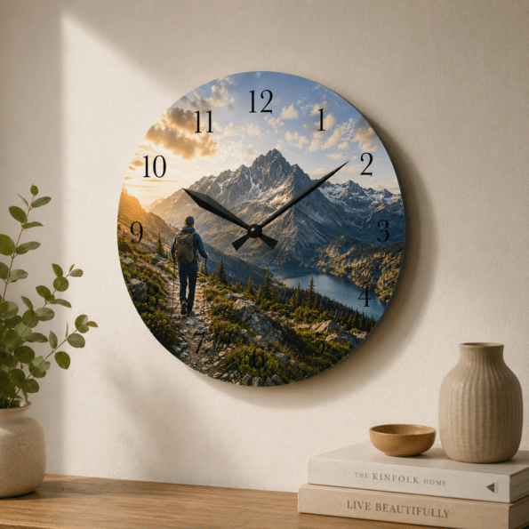 Mountain Hiking Wall Clock – Rustic Outdoor Adventure Décor