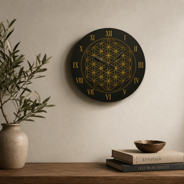 Flower of Life Mandala Wall Clock | Black & Gold Sacred Geometry Acrylic Clock