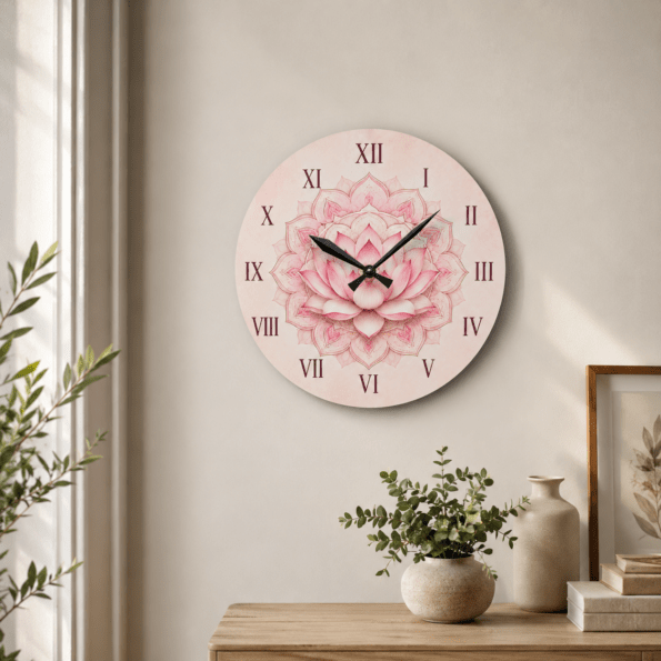 Lotus Mandala Acrylic Wall Clock — Pink Floral Roman Numeral Clock