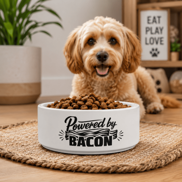 Pet Bowl — "Powered by Bacon" Ceramic Dog & Cat Bowl, Funny Pet Feeding Dish for Bacon-Loving Pets