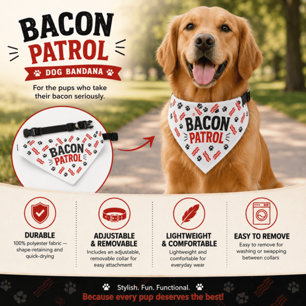 Bacon Patrol Clip-On Pet Bandana — Funny Dog Bandana with Adjustable Collar