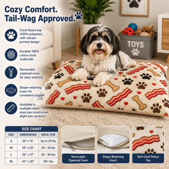Bacon Bones Paw Print Pet Bed | Plush Washable Dog Pillow