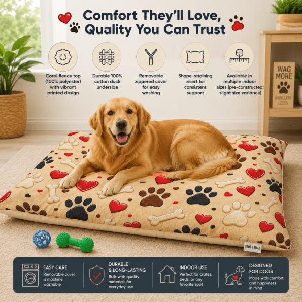 Paw Prints and Hearts Pet Bed | Plush Washable Dog Bed with Removable Cover