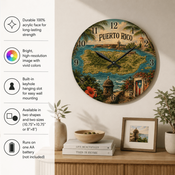 Puerto Rico Acrylic Wall Clock — Tropical Vintage Island Décor