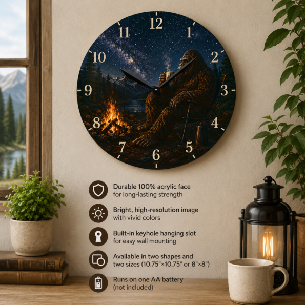 Sasquatch Wall Clock — Round or Square Bigfoot Hanging Clock