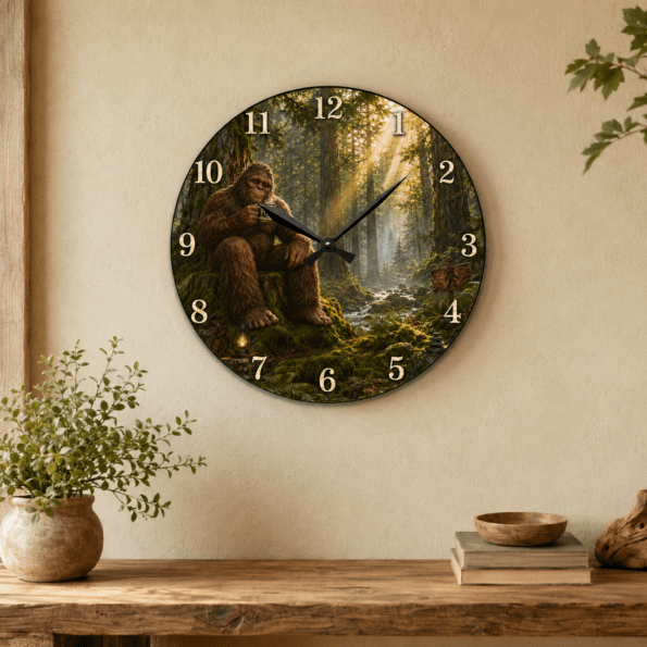 Sasquatch Acrylic Wall Clock — Woodland Bigfoot Wall Décor